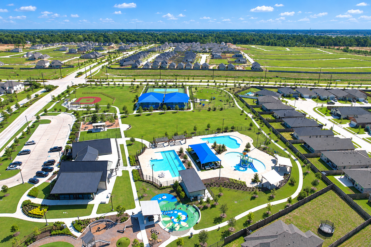 Aerial View of Neighborhood Amenities - drone photo of a Houston-area community pool and amenity center under a blue sky