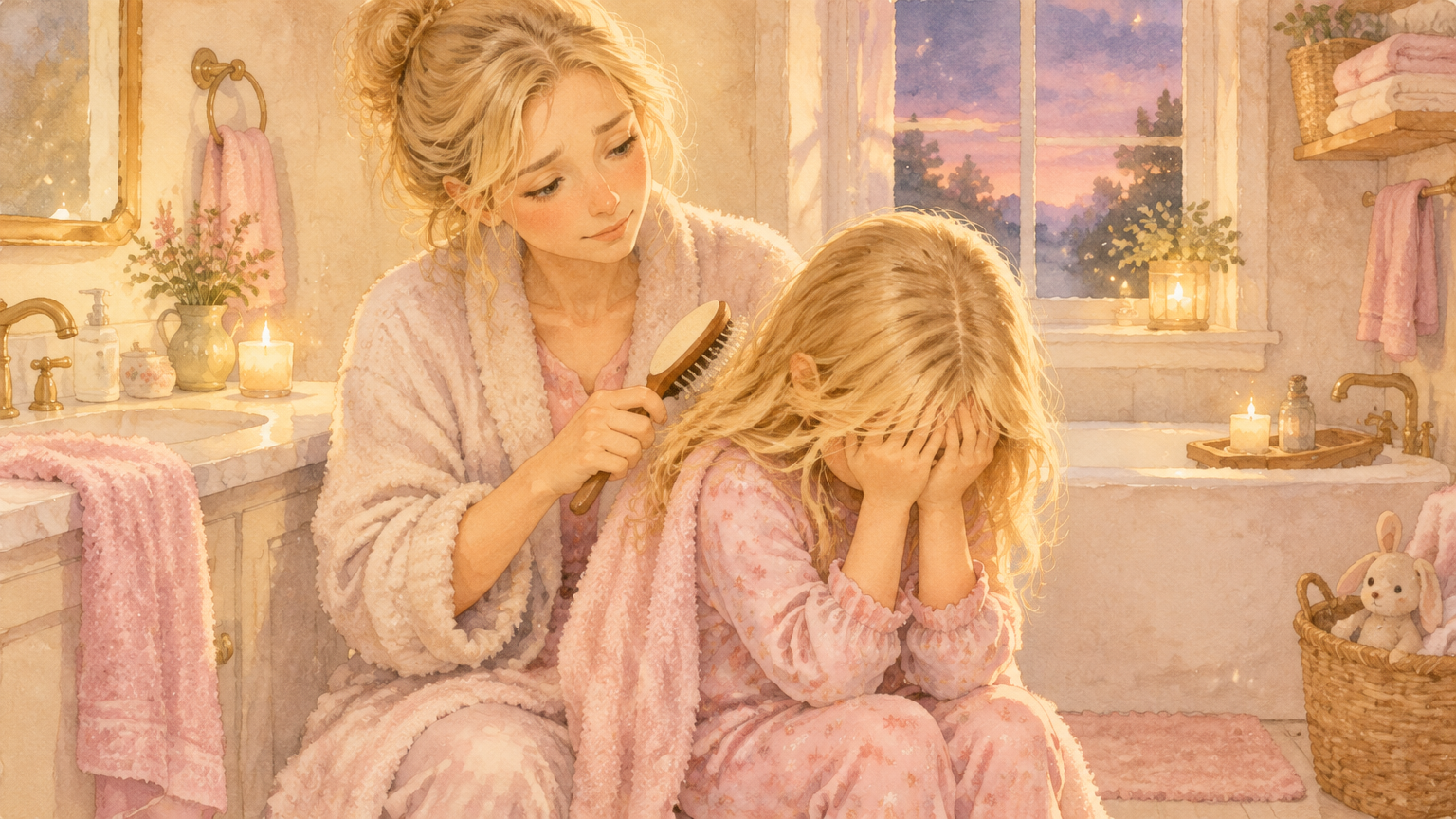 Ilustrace: maminka česá vlasíky dceři, která si zakrývá hlavu ručičkami