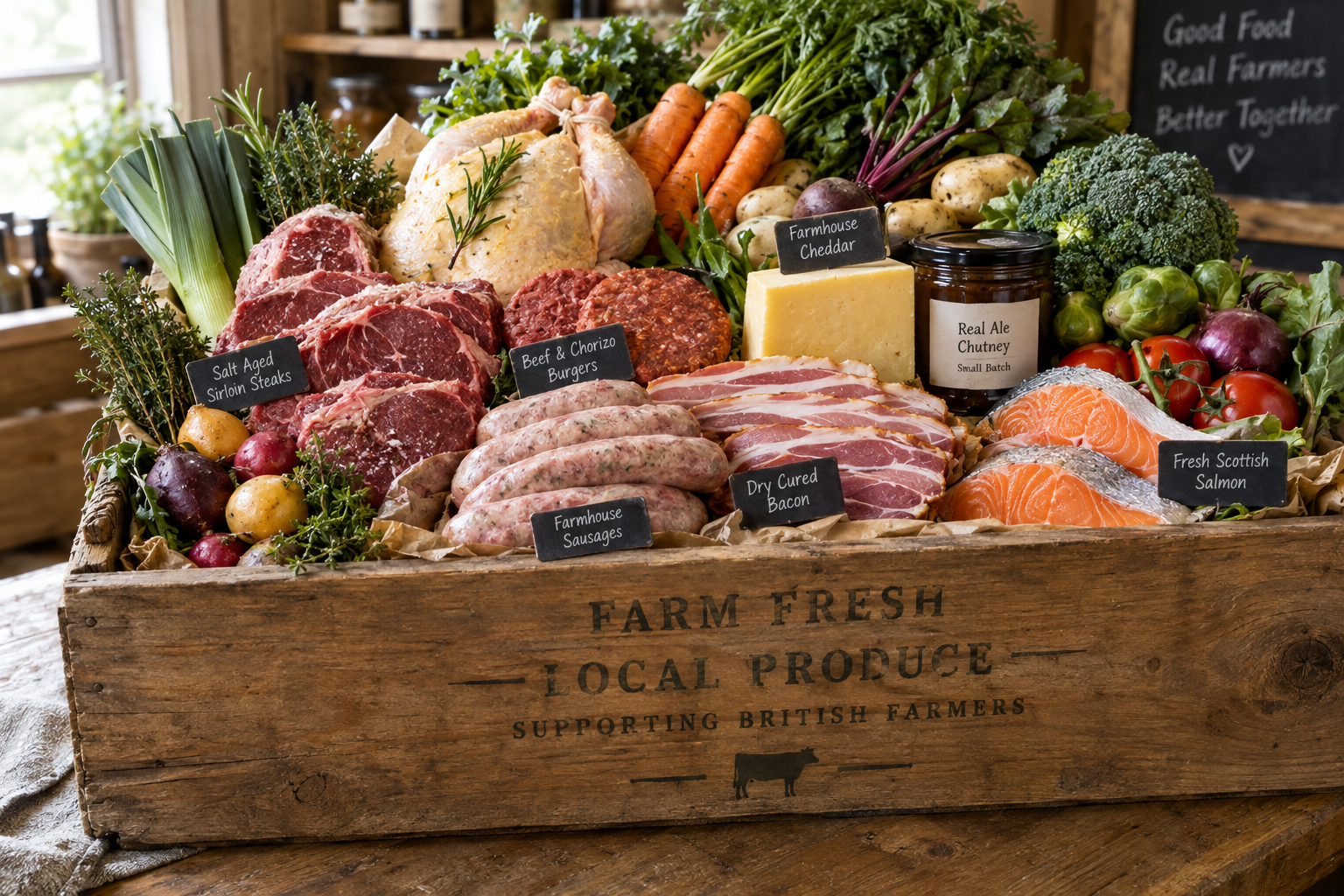 Deluxe Box crate filled with sirloin steaks, whole chicken, burgers, sausages, bacon, salmon, cheddar and seasonal veg