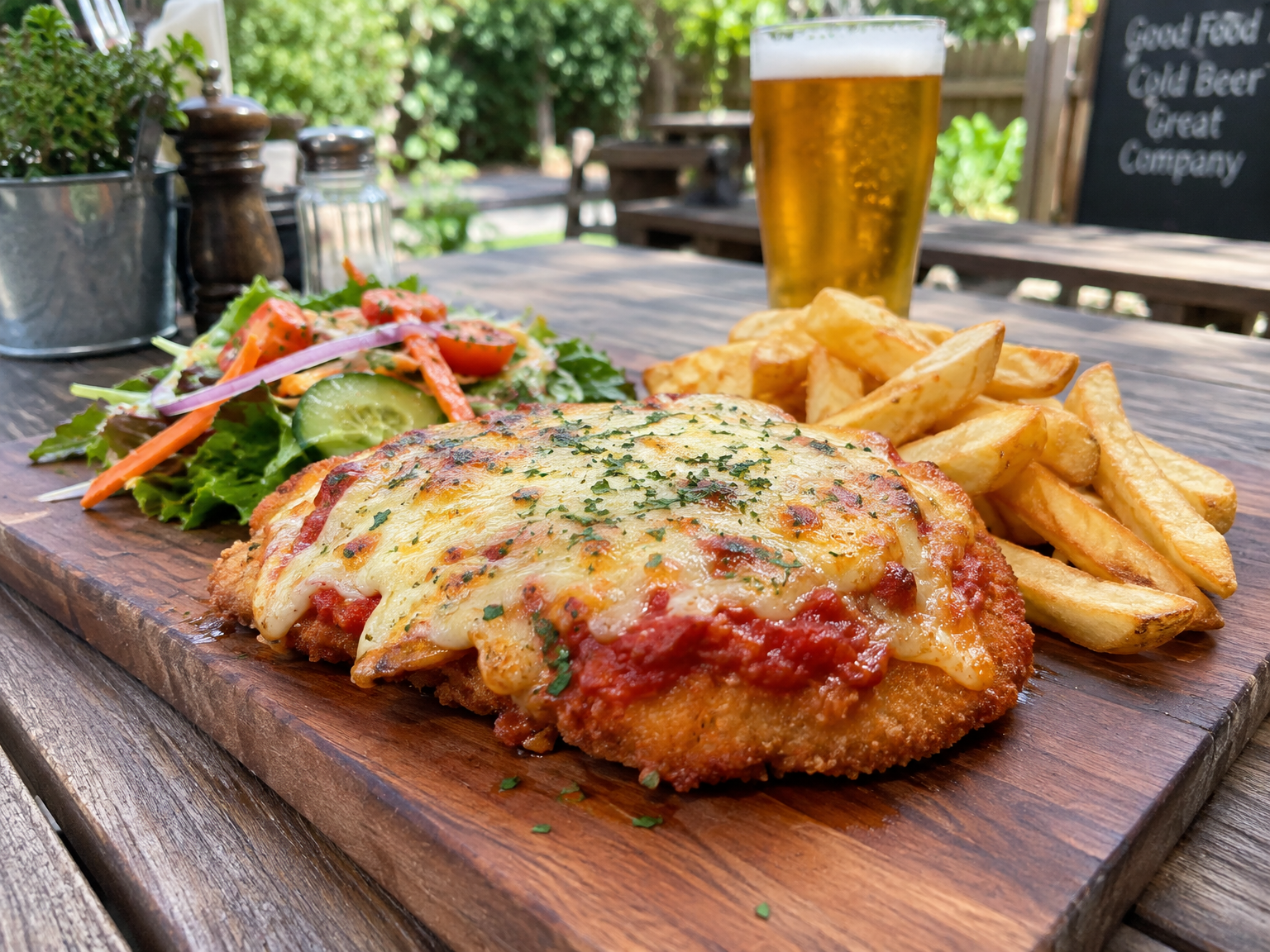 Gourmet burger with fries and salad on a wooden board