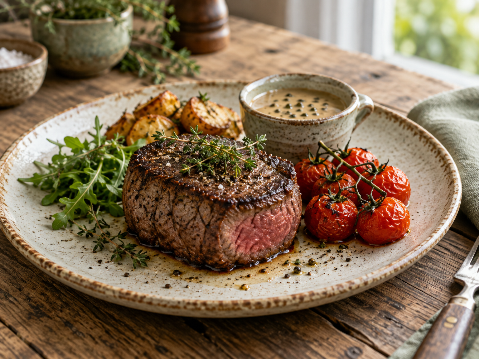 Filleted steak served pink with roasted vine tomatoes, potatoes and peppercorn sauce