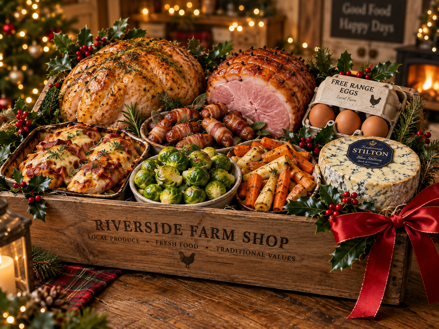 Christmas Farm Box crate with turkey crown, gammon, pigs in blankets, huntsman pie, Christmas veg, free range eggs and goose fat