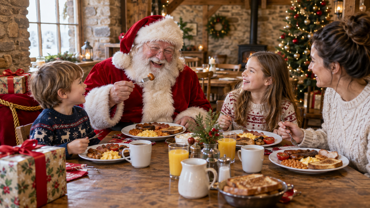 Santa eating breakfast with two children and an adult in the bistro at The Dovecote Barn, with presents on the table