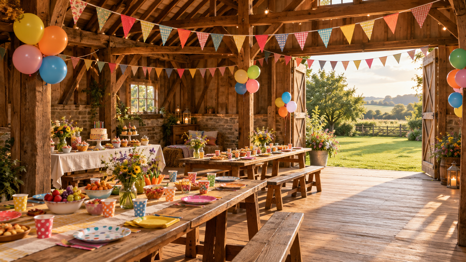A party table set in the barn at The Dovecote Barn