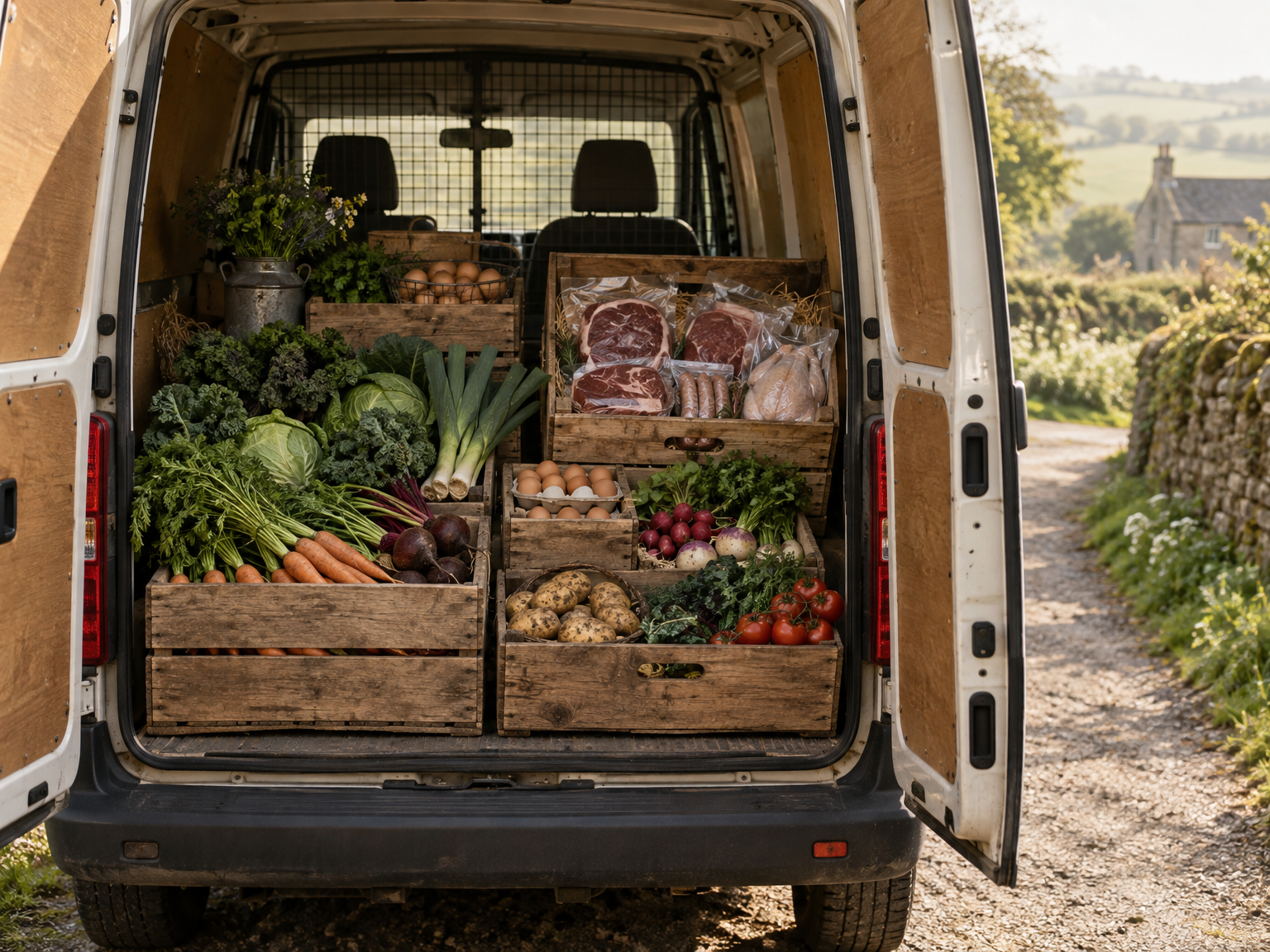 A delivery van loaded with wooden farm boxes of vegetables, eggs and meat