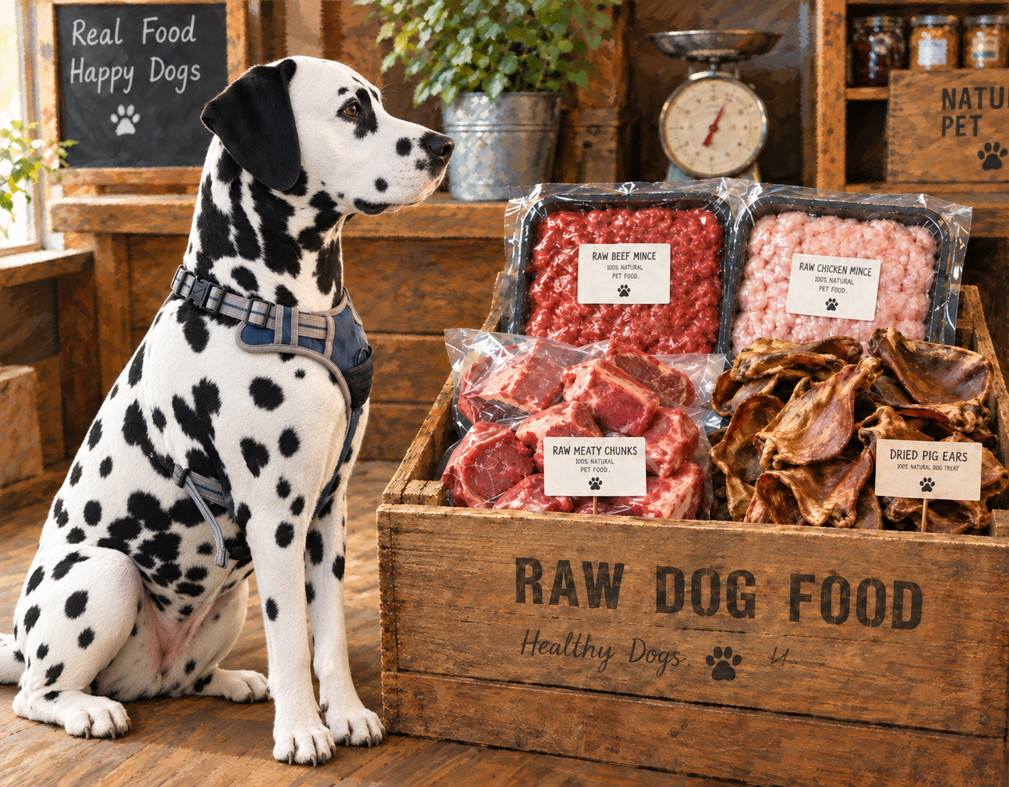 Rex the Dalmatian sitting beside a crate of raw dog food with raw mince trays, meaty chunks and dried pigs ear treats