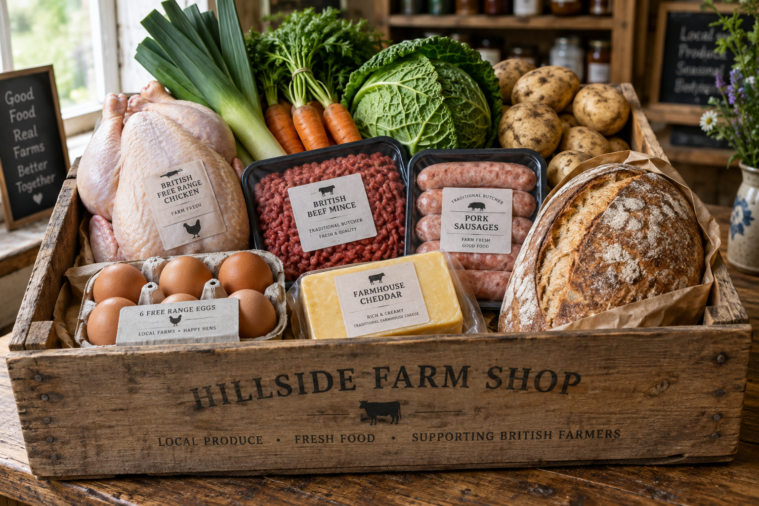 Farm Shop Box crate with whole chicken, beef mince, sausages, seasonal veg, free range eggs, cheddar and a farmhouse loaf