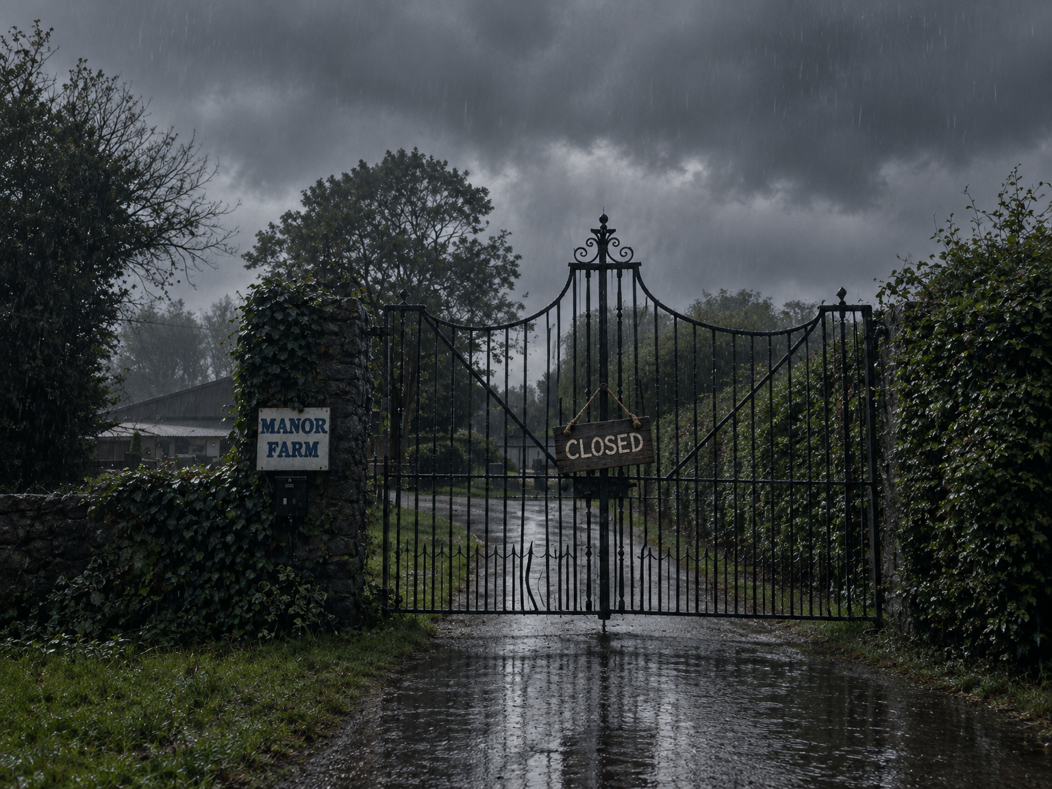 The Manor Farm gates closed with a CLOSED sign on a rainy, overcast day