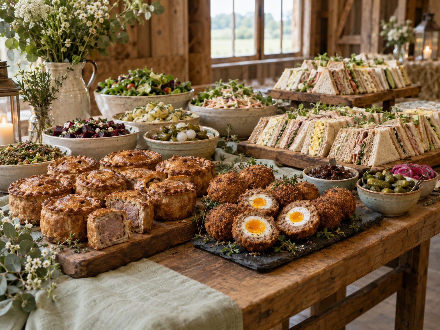 Buffet table with homemade pork pies, scotch eggs, sandwich platters and salads