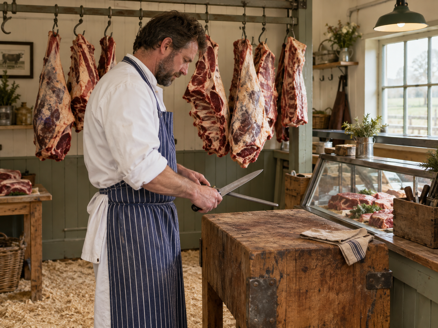 Harvey in a striped butcher’s apron sharpening a knife at a wooden butcher’s block