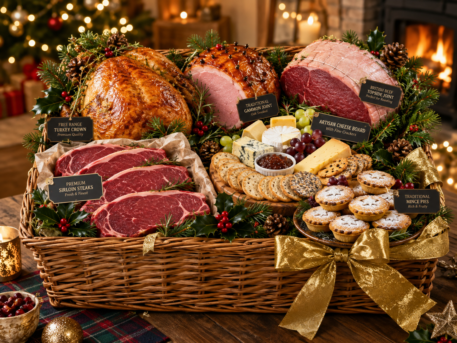 Deluxe Christmas hamper with whole turkey, gammon, topside of beef, cheese board with crackers, cranberry sauce and mince pies