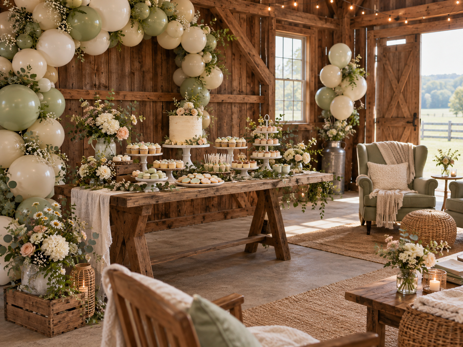 Baby shower dessert table with pastel cakes, balloons and flowers in the barn