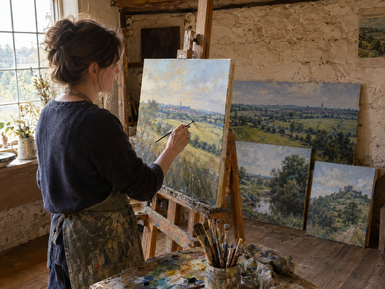 Local artist painting at an easel in a studio with countryside landscapes