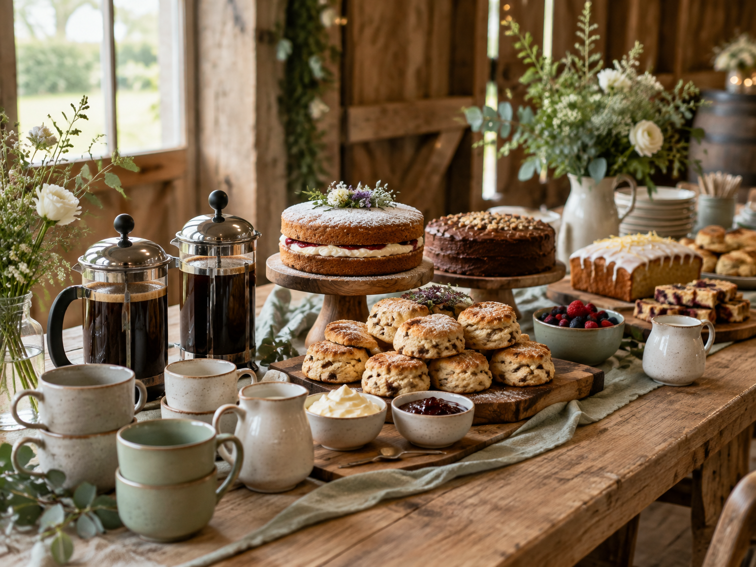Cafetieres of coffee with homemade cakes, scones and fresh flowers laid out on a rustic barn table