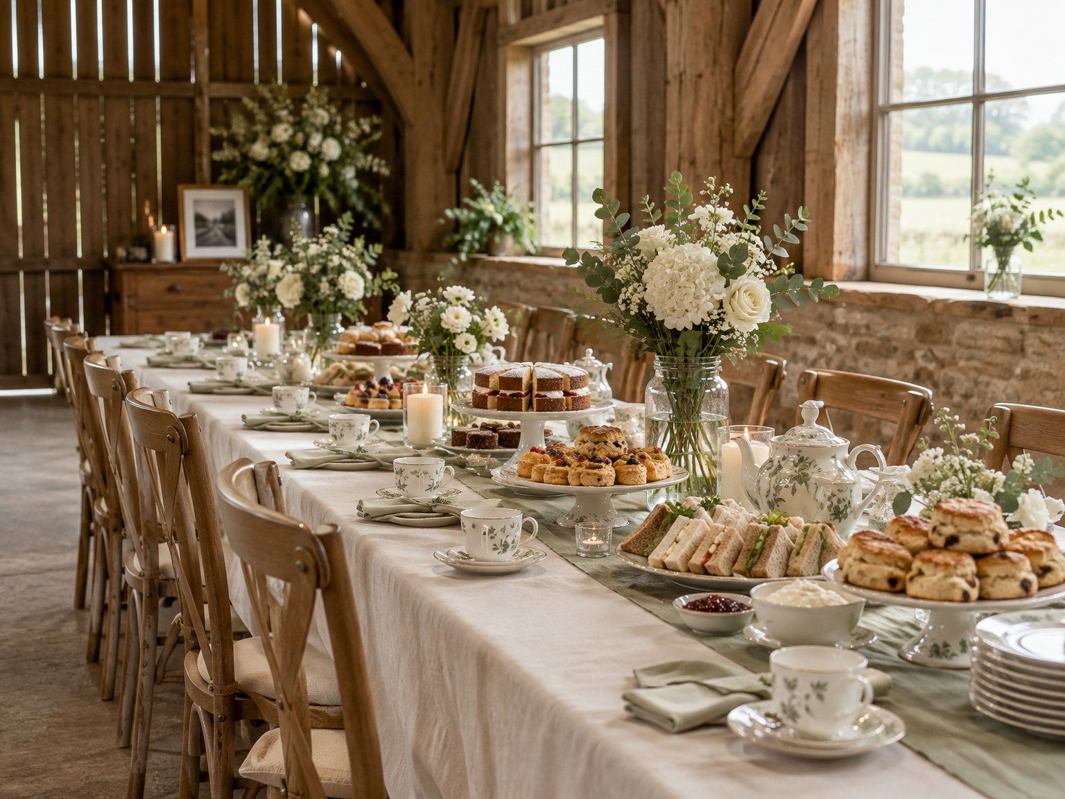 Quiet wake table laid with sandwiches, scones, cakes and white flowers in the barn