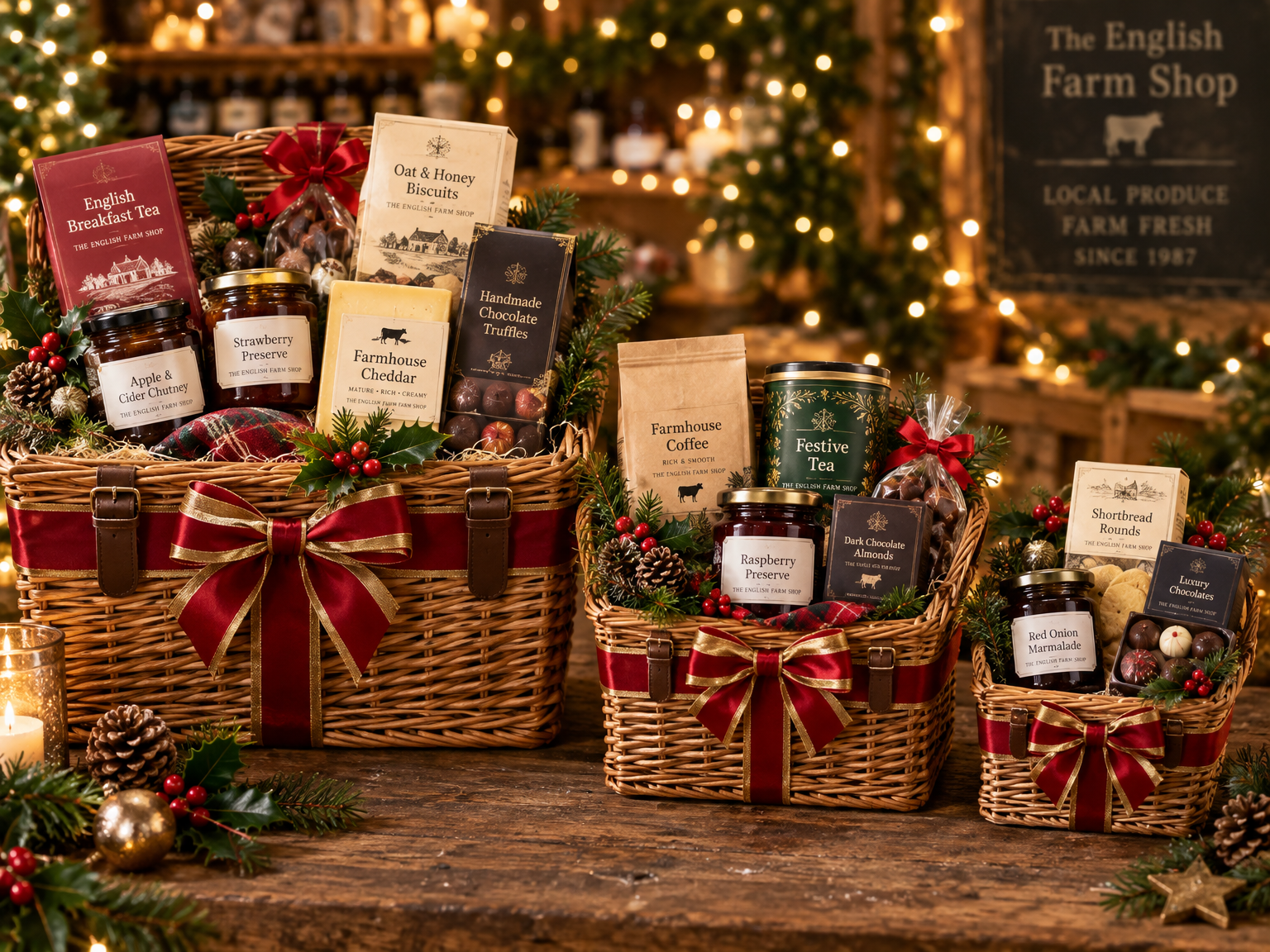 Three Barton gift boxes filled with farm shop preserves, cheddar, chocolates, biscuits, tea and coffee, tied with red and gold ribbons