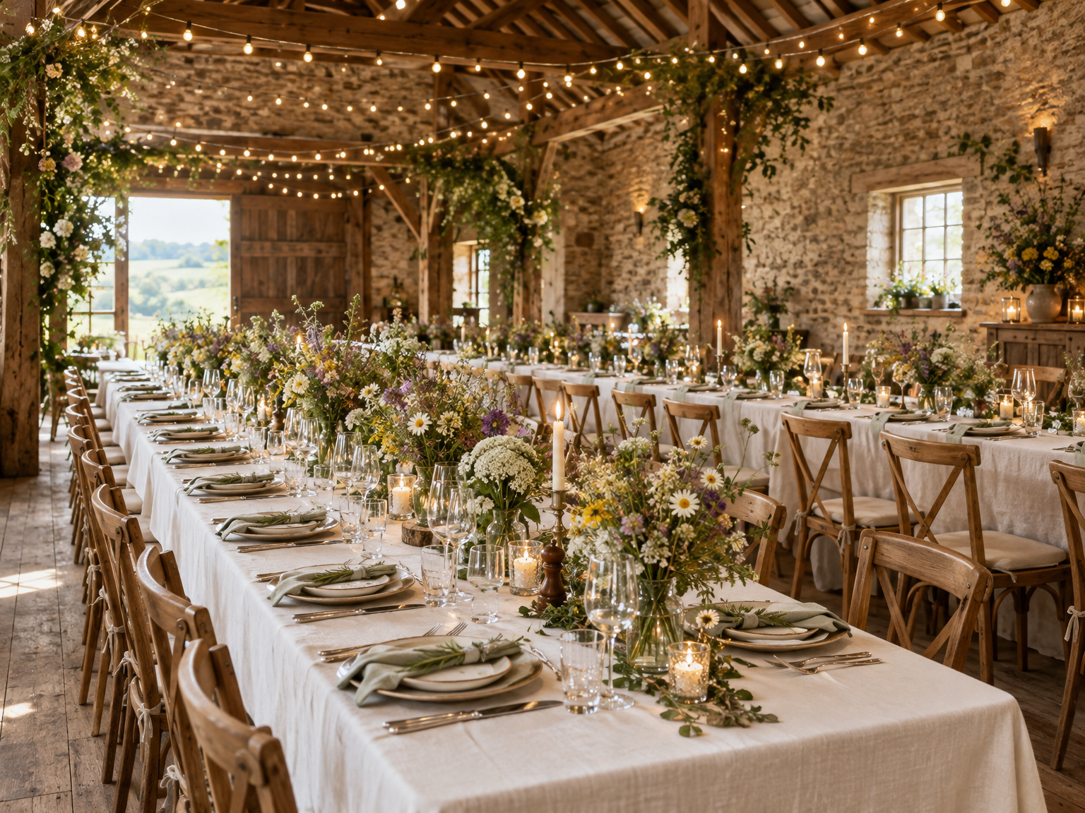 Barn wedding breakfast with long trestle tables, meadow flower centerpieces and festoon lights