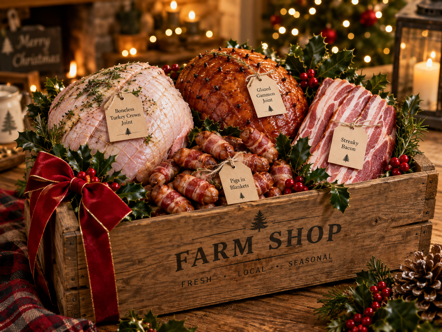 Christmas Meat Box crate with boneless turkey crown, glazed gammon joint, pigs in blankets and streaky bacon, decorated with holly and a red ribbon