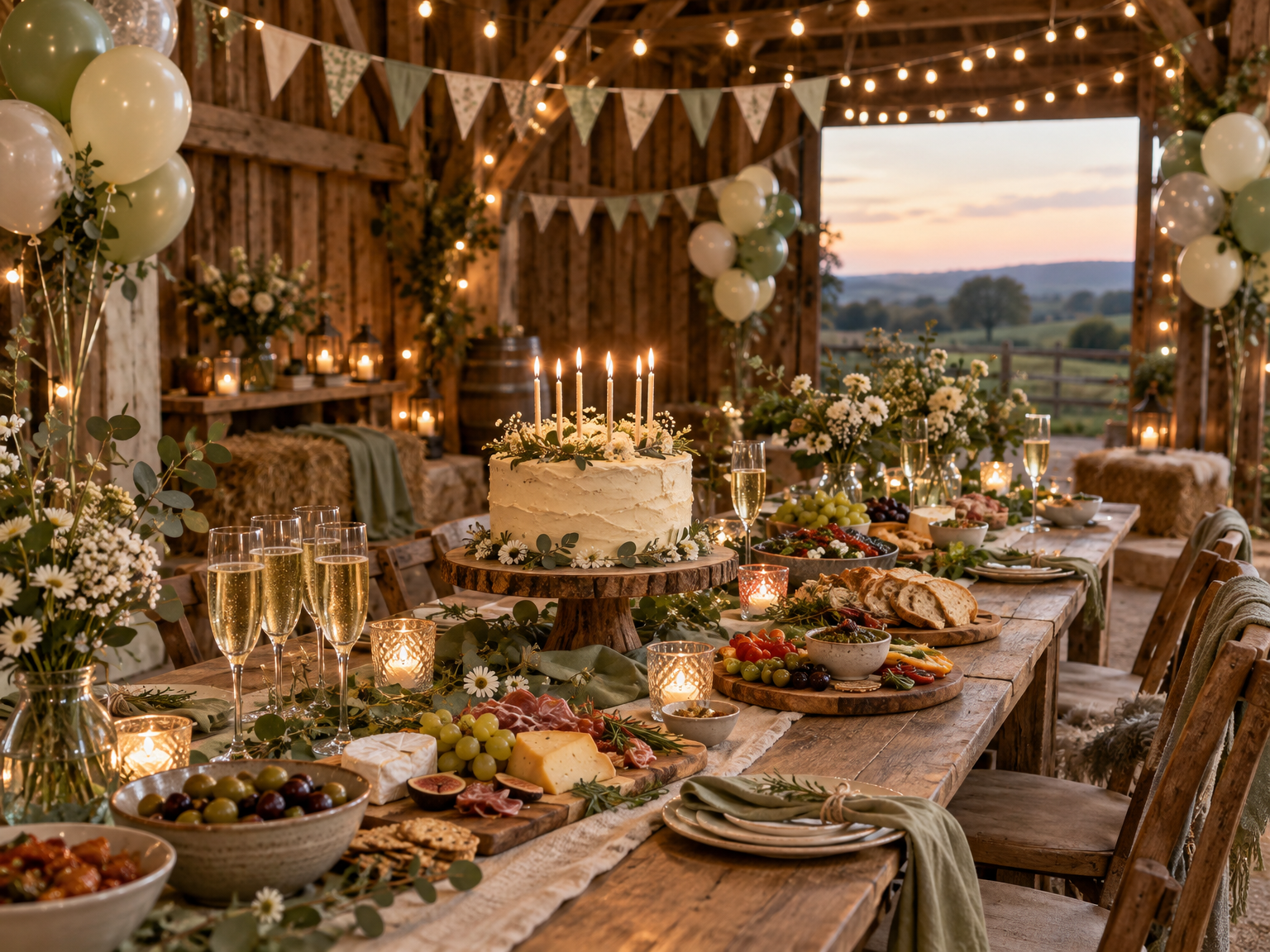 Birthday celebration table with cake, prosecco, bunting and balloons at dusk