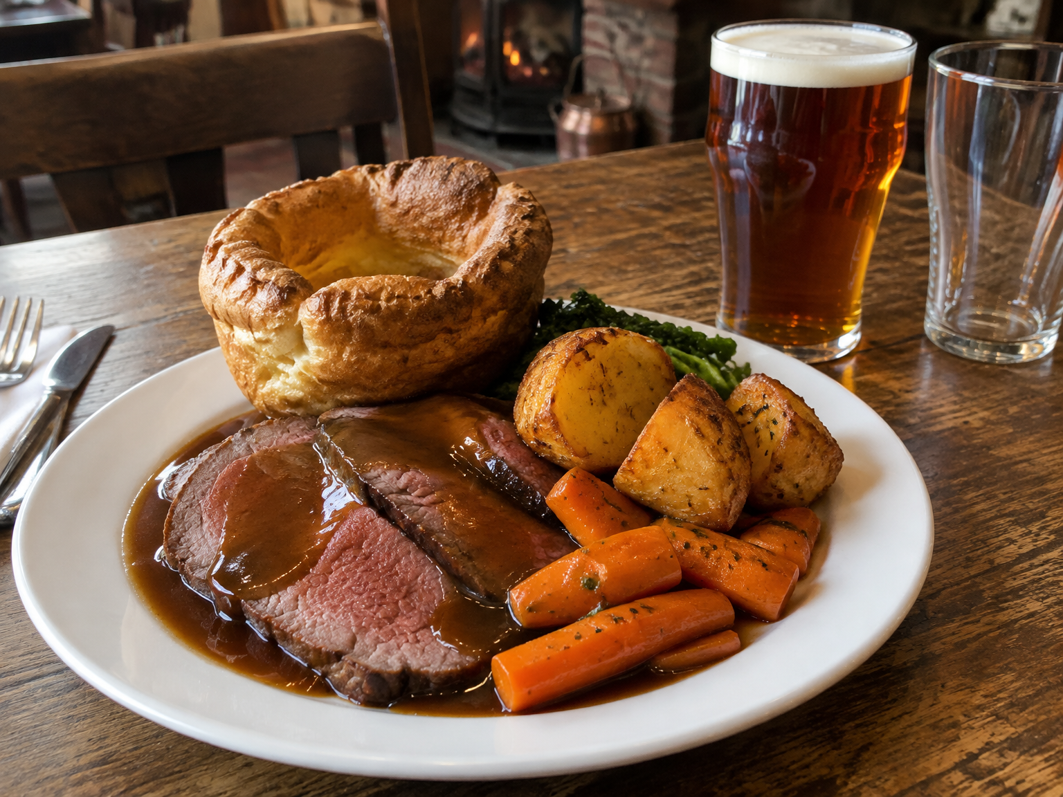 A Sunday roast with Yorkshire pudding, roast potatoes and gravy