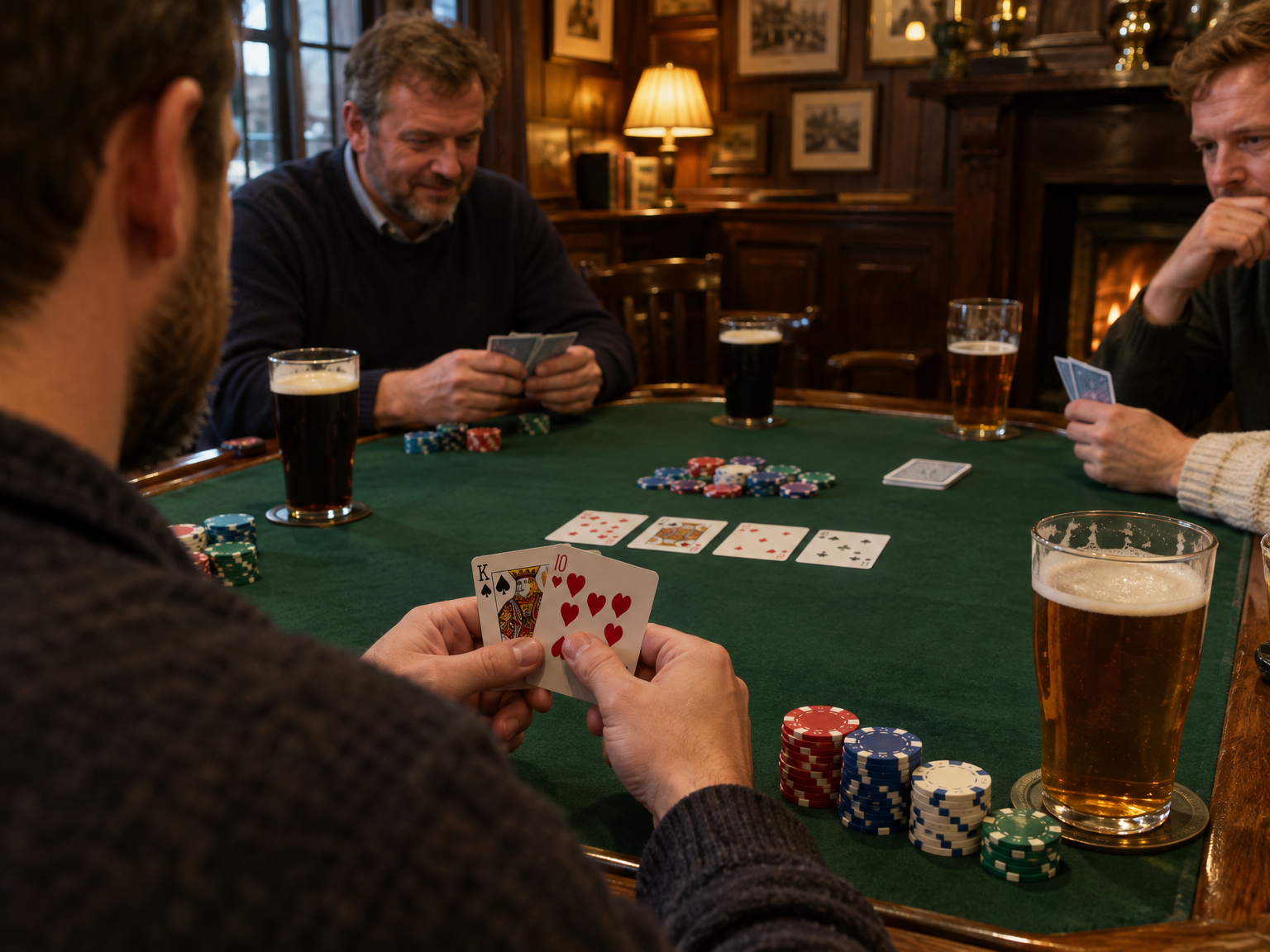 Players holding cards and chips around a poker table in the pub