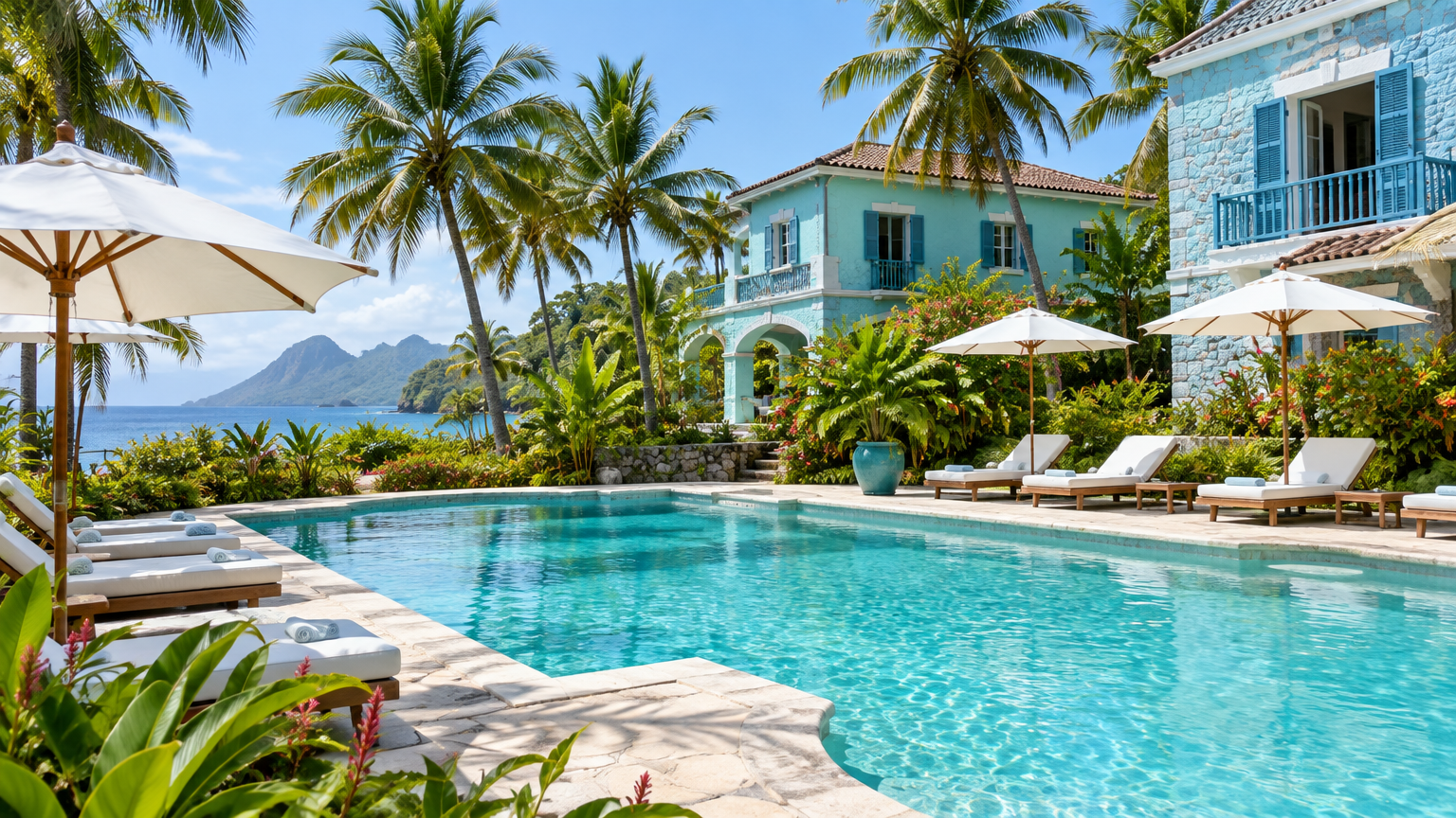 Swimming pool surrounded by palm trees and sun loungers in the gardens of Omali São Tomé