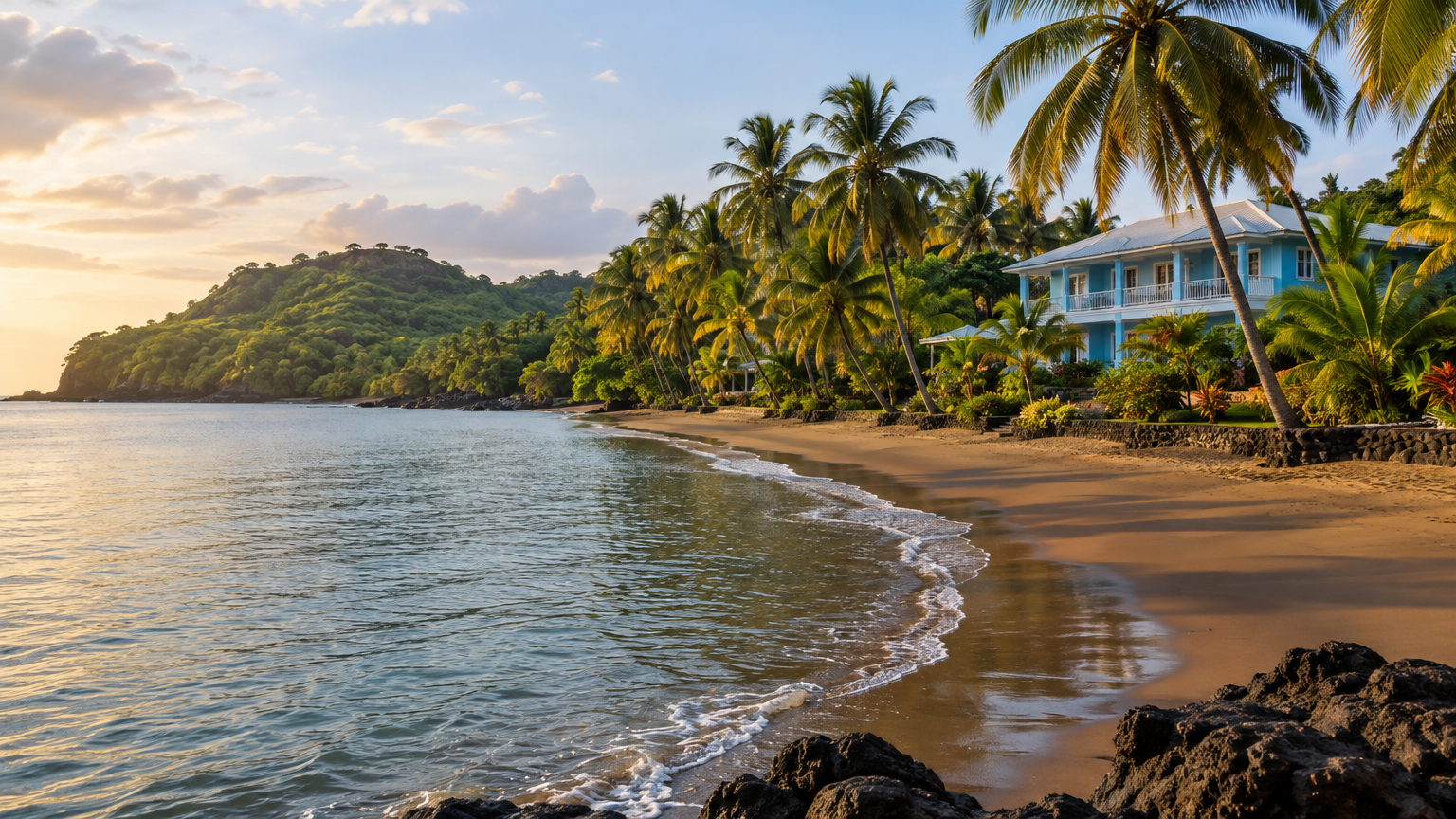 Ana Chaves bay beachfront at Praia Lagarto with palm trees in front of Omali São Tomé