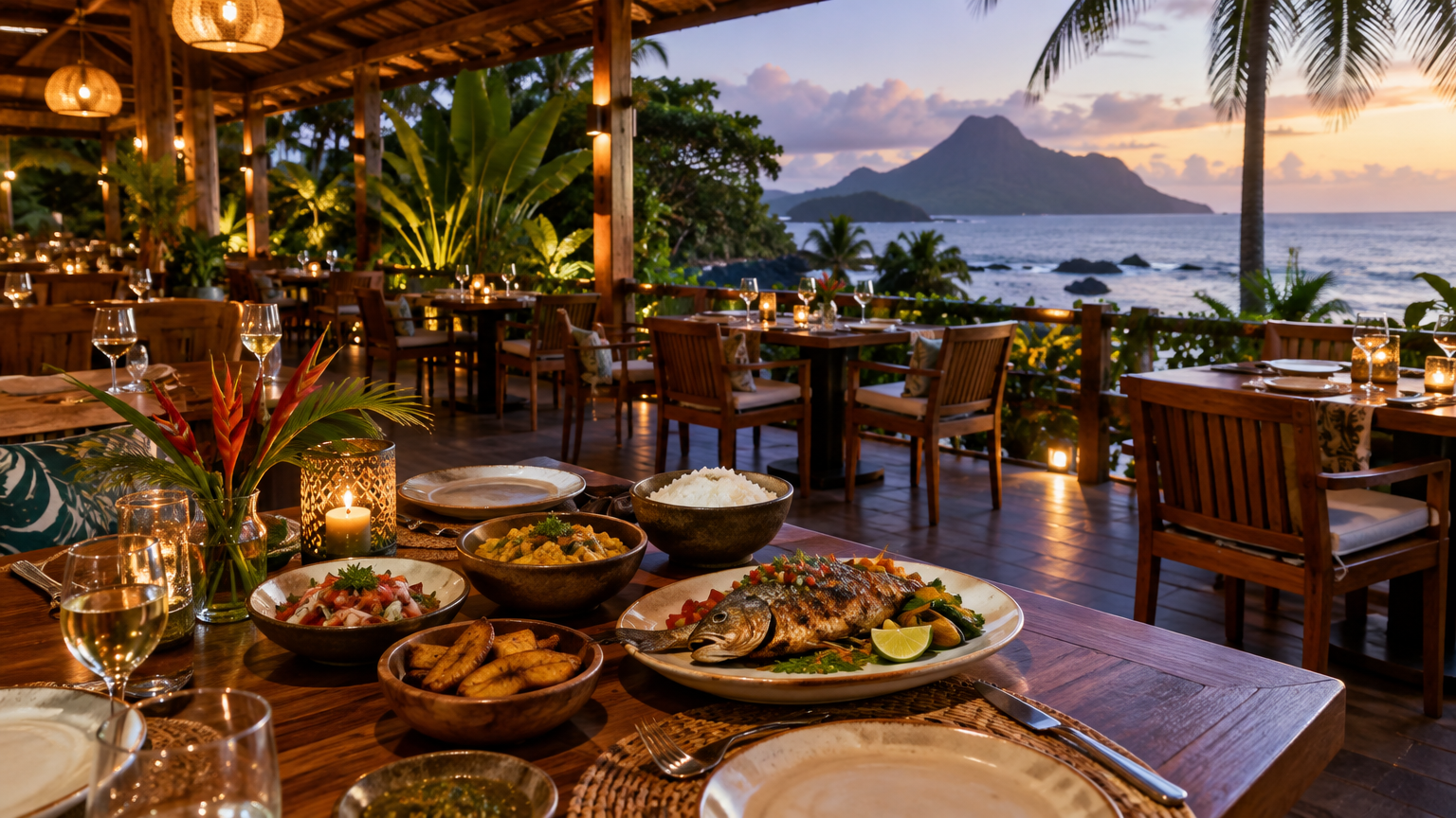 Plated fresh fish and Santomean dishes served on the open-air restaurant terrace at Omali São Tomé