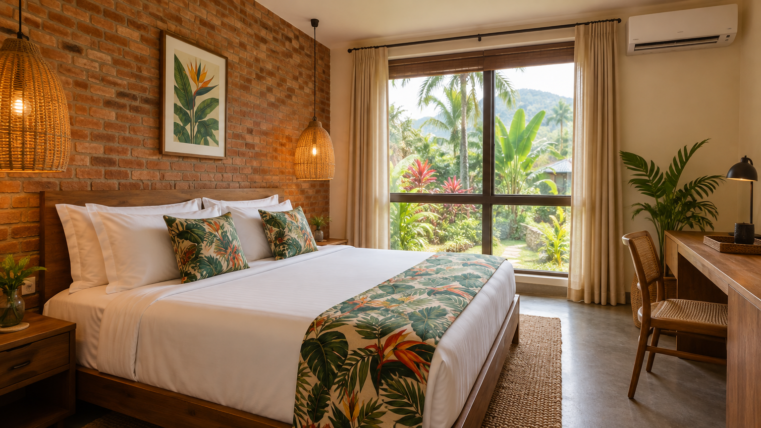 Boutique hotel bedroom with exposed brick wall, rattan lampshade and tropical print cushions at Omali São Tomé