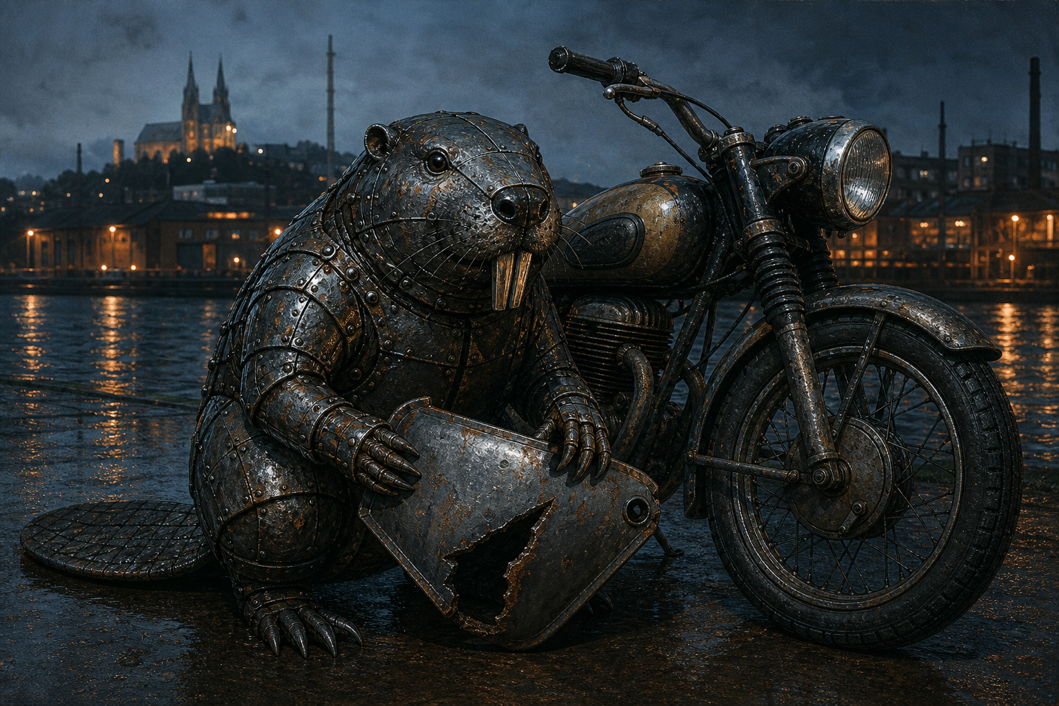 Železný bobr sedí vedle motorky a drží kovový kryt