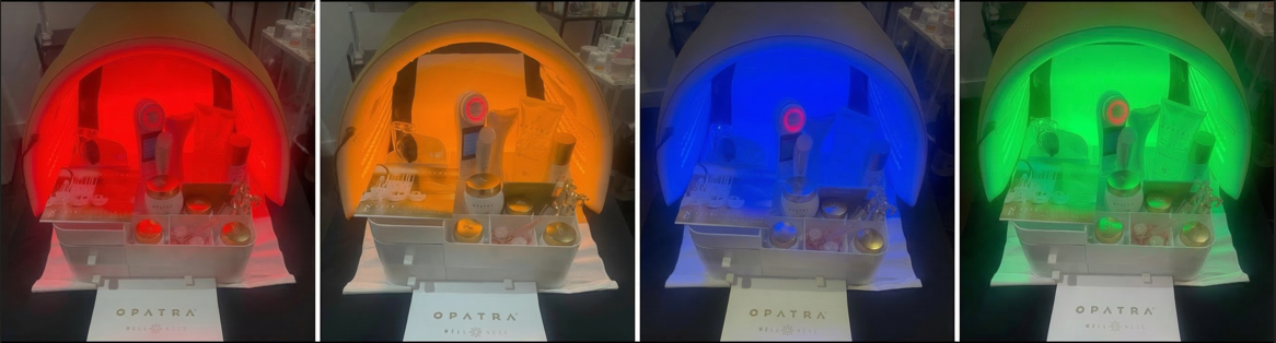 Opatra Light Mask Pro showing Red, Yellow, Blue and Green LED modes
