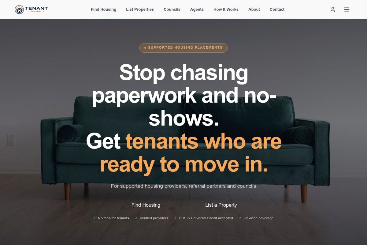 Tenant Connect website hero — free housing platform for tenants and providers