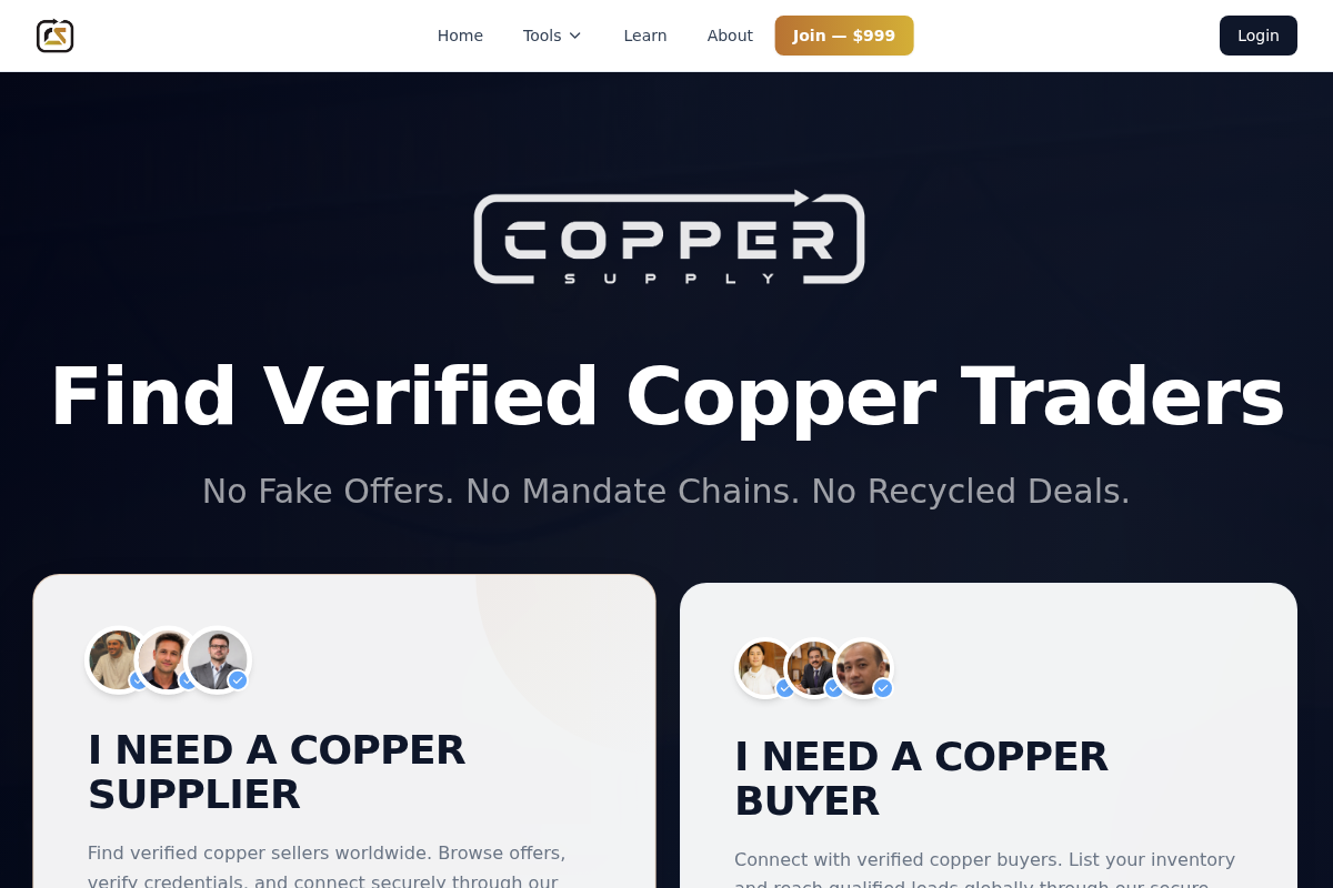 Copper Supply website hero — find verified copper traders