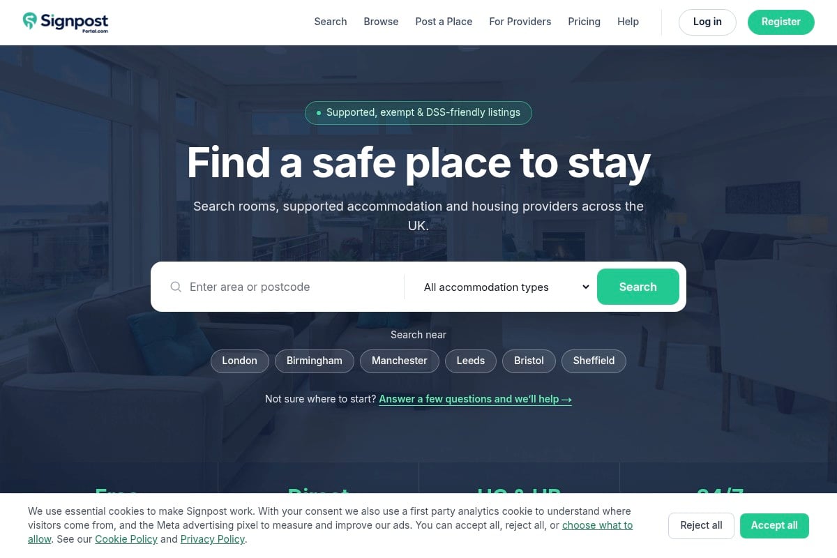 Signpost Portal website hero — find a safe place to stay