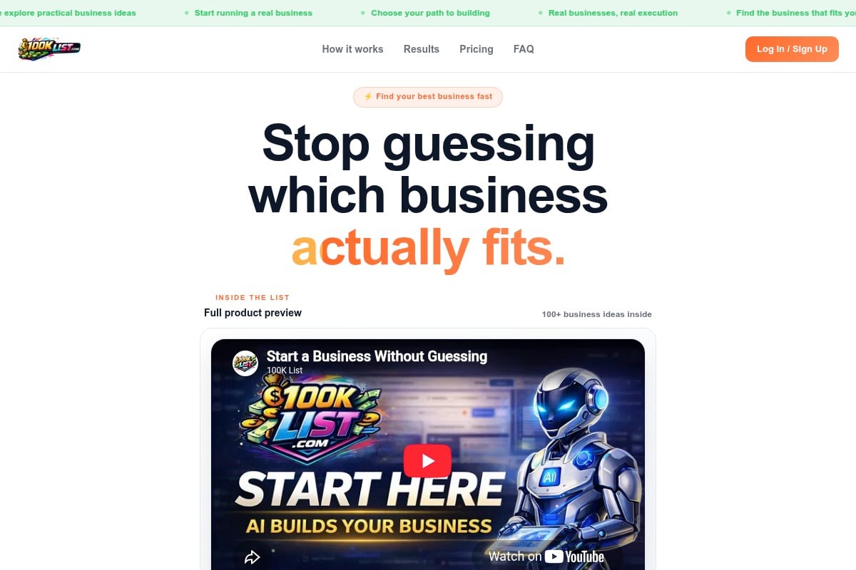 100k List website hero — practical business ideas