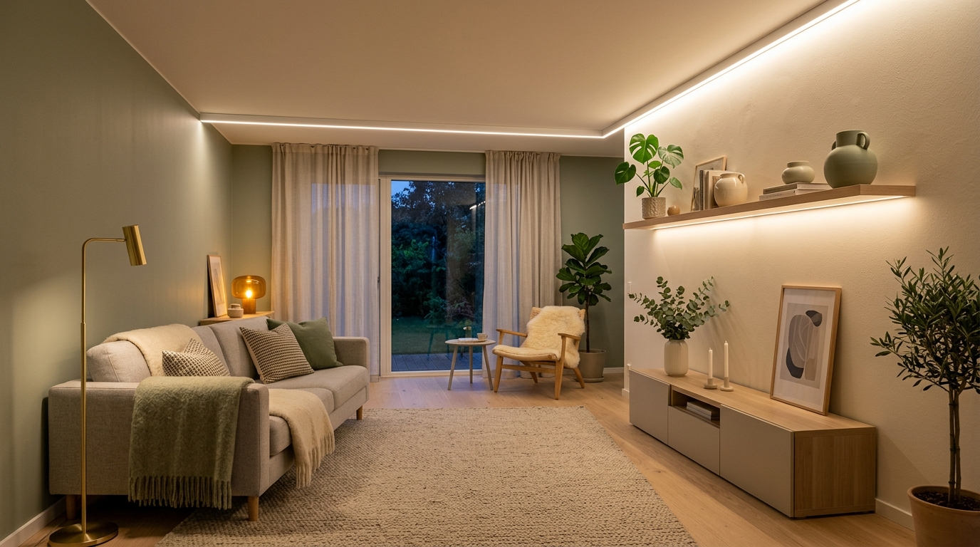 Skandinavisk stue med indbyggede LED-strip lamper