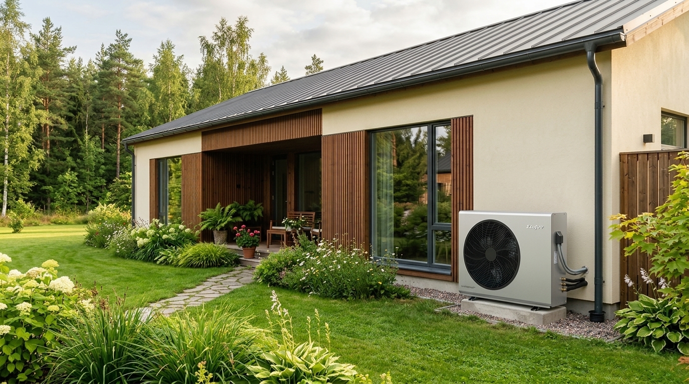 Hus med ZEALUX INVERBOOST varmepumpe i haven