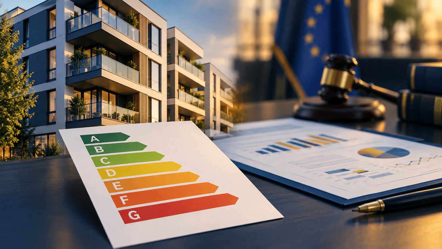 Bytový dům, škála energetických tříd A až G a dokumenty s energetickými analýzami na stole