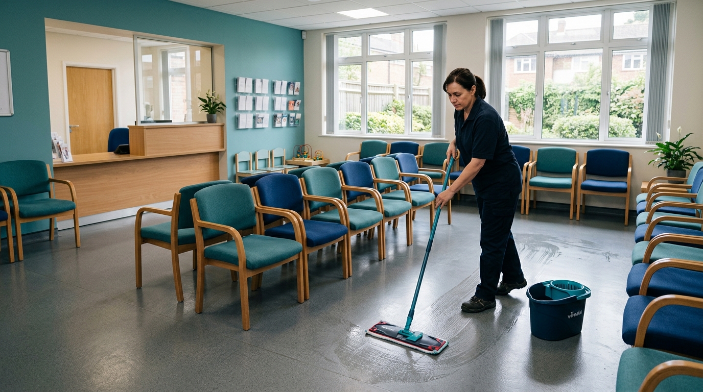 Professional cleaner mopping a British GP surgery waiting room