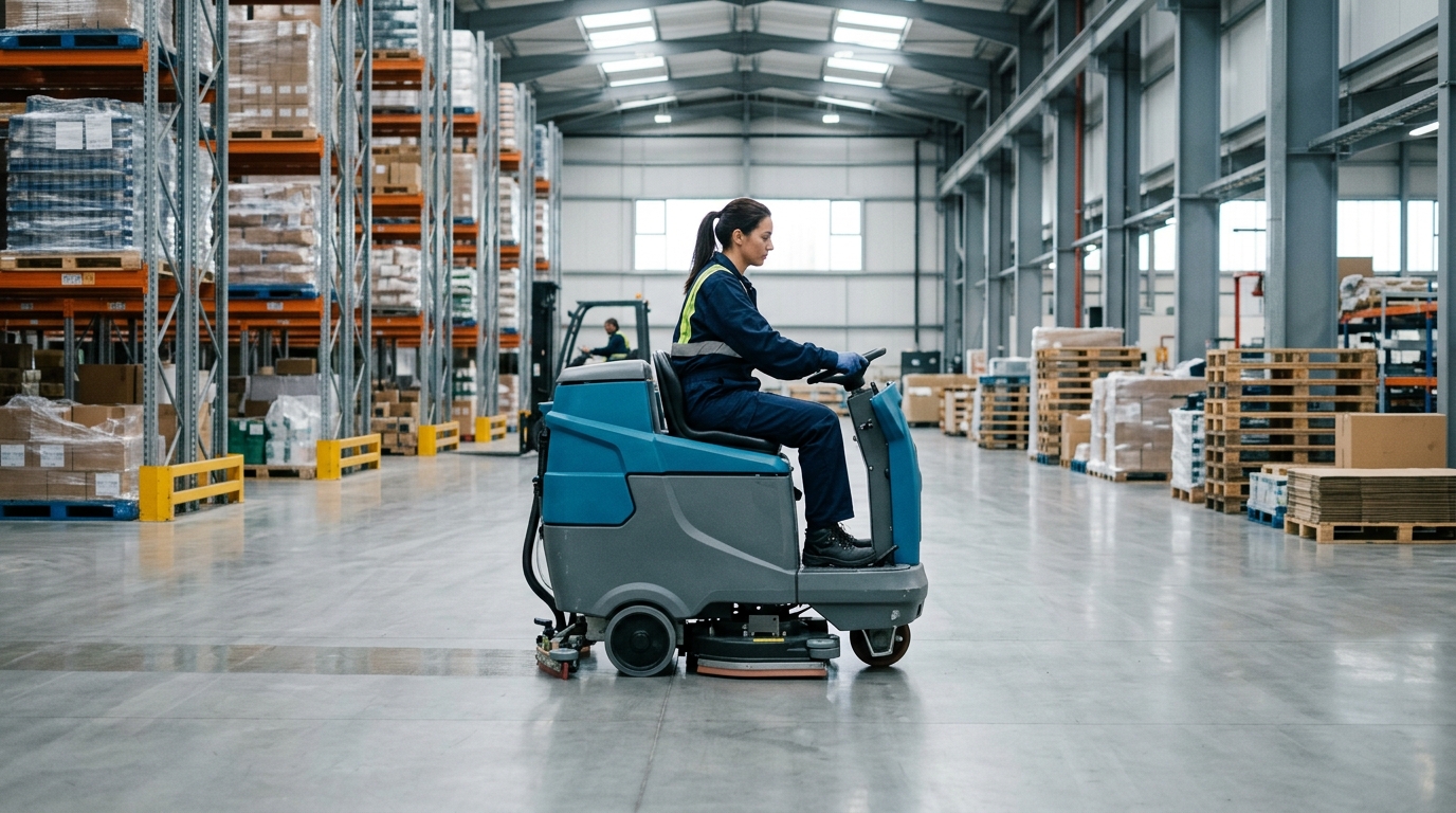 Professional cleaner operating a floor scrubber in a warehouse
