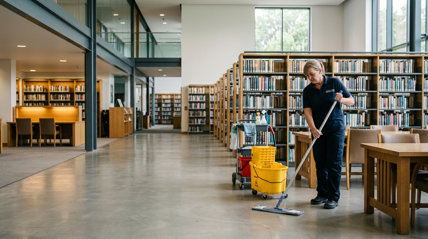 Professional cleaner sanitising a contemporary English office reception