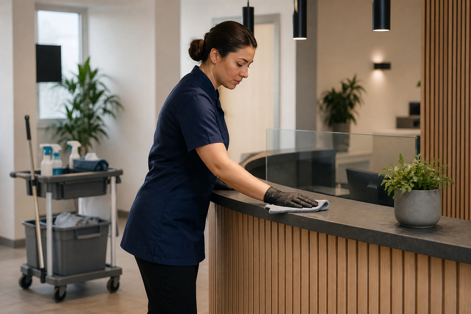 Professional cleaner sanitising a contemporary English clinic reception