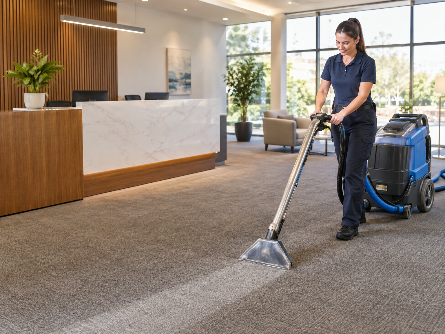 Professional cleaner using an industrial carpet cleaning machine in a reception area
