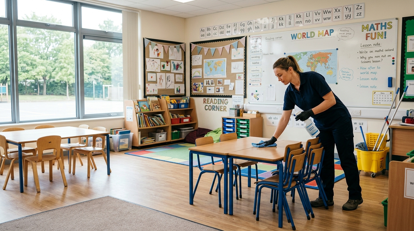 Professional cleaner cleaning desks in a bright English primary-school classroom