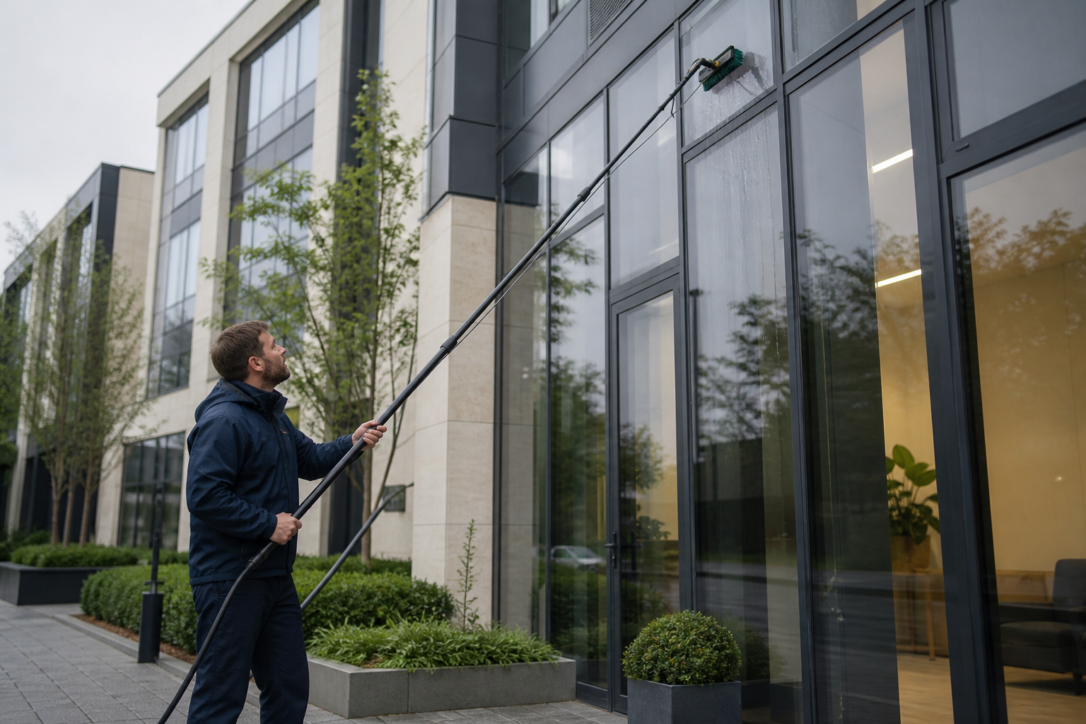 Professional cleaner maintaining a modern English school corridor