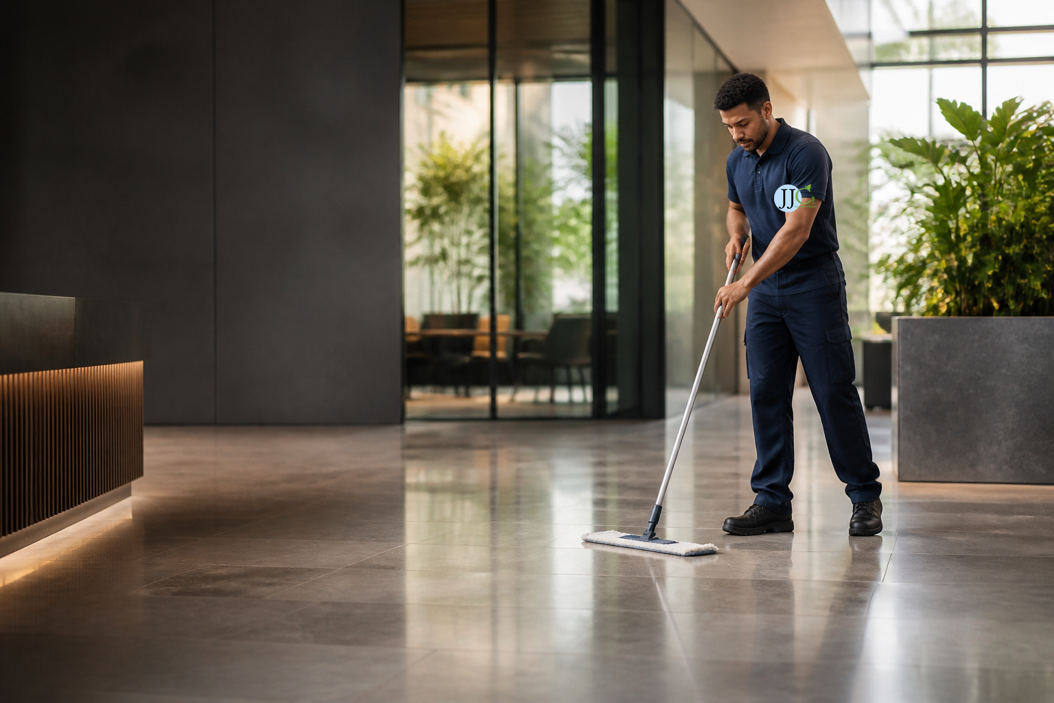 Professional cleaner maintaining a modern commercial reception