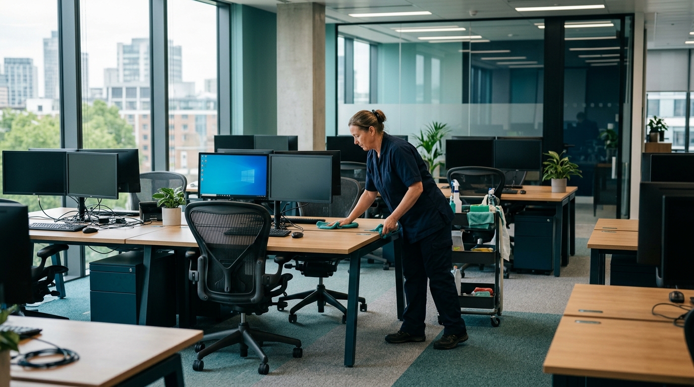Professional cleaner at work in a modern office with desks and computer monitors