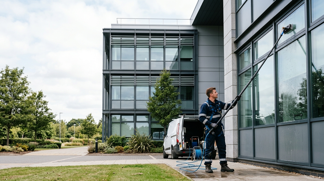 Professional exterior cleaner washing upper-floor office windows on a contemporary English building