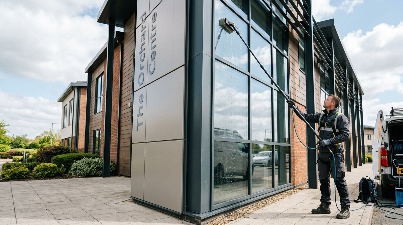Professional cleaner mopping a modern English public library