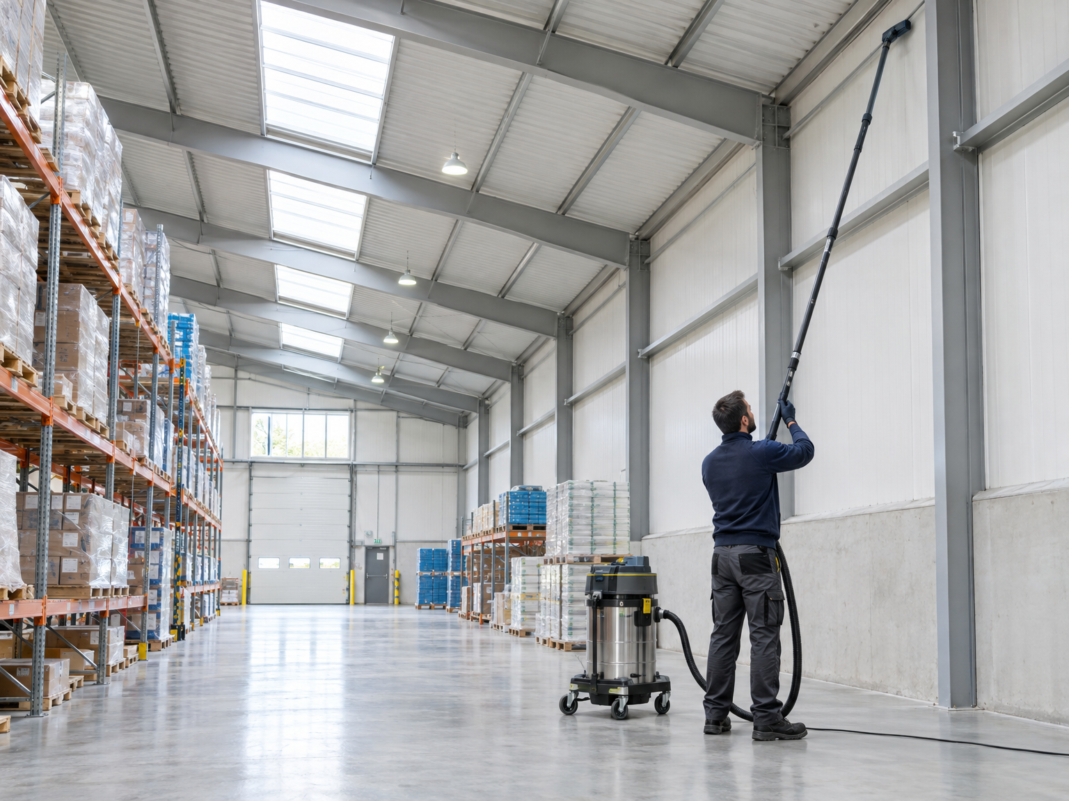 Professional cleaner using a long-reach industrial vacuum on a warehouse wall